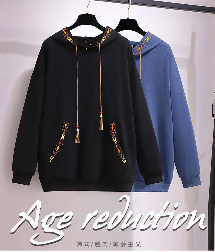150Kg Plus Größe frauen Frühling Herbst Lose Mit Kapuze Stickerei Sweatshirt Büste 157cm 6XL 7XL 8XL 9XL 10XL lange-Ärmeln Casual Top