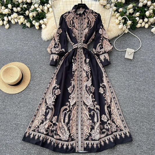 2025 Spring Vintage Stand Collar Tunic Casual Midi Dress For Women Lantern Sleeve Empire Printed Lace Dress.
