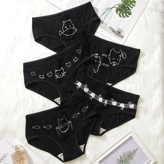 5Pcs/set Cotton Underwear Cute Cartoon Cat Panties for Woman Girl Soft Pantys Plus Size Breathable Briefs Female Sexy Lingerie.