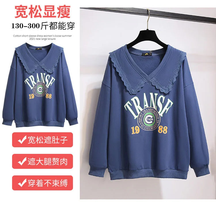 150Kg Plus Größe frauen Herbst Faul Stil Puppe Kragen Sweatshirts Fehlschlag 157cm 6XL 7XL 8XL 9XL 10XL lose Dünnen Langen Ärmeln Top