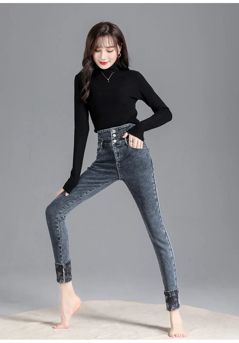 Thermische Winter Dicke Fleece High-taille Warme Dünne Jeans Dicke Frauen Stretch Taste Bleistift Hosen Mom Casual Samt Jeans