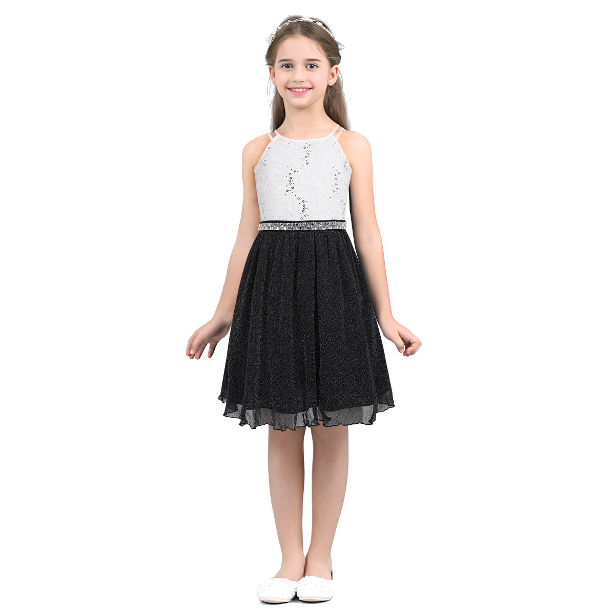 Iiniim Teen Mädchen Ärmellose Pailletten Floral Spitze Glänzenden Kleid Vestido de festa für Hochzeit Formale Geburtstag Party Sommer Kleider
