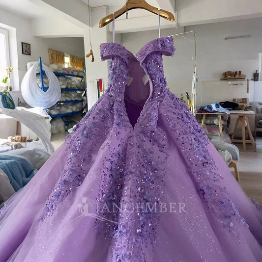 Purple Organza Girls Evening Dress Ball Gown Style Lace Crystal Embroidery Decorations Chapel Train for Parties Lsany24.