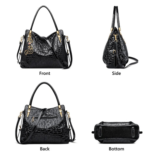 FOXER Women Natural Cow Leather Handbag Large Capacity Classic Black Genuine Leather Tote Lady Stylish Sequin Shoulder Bag.