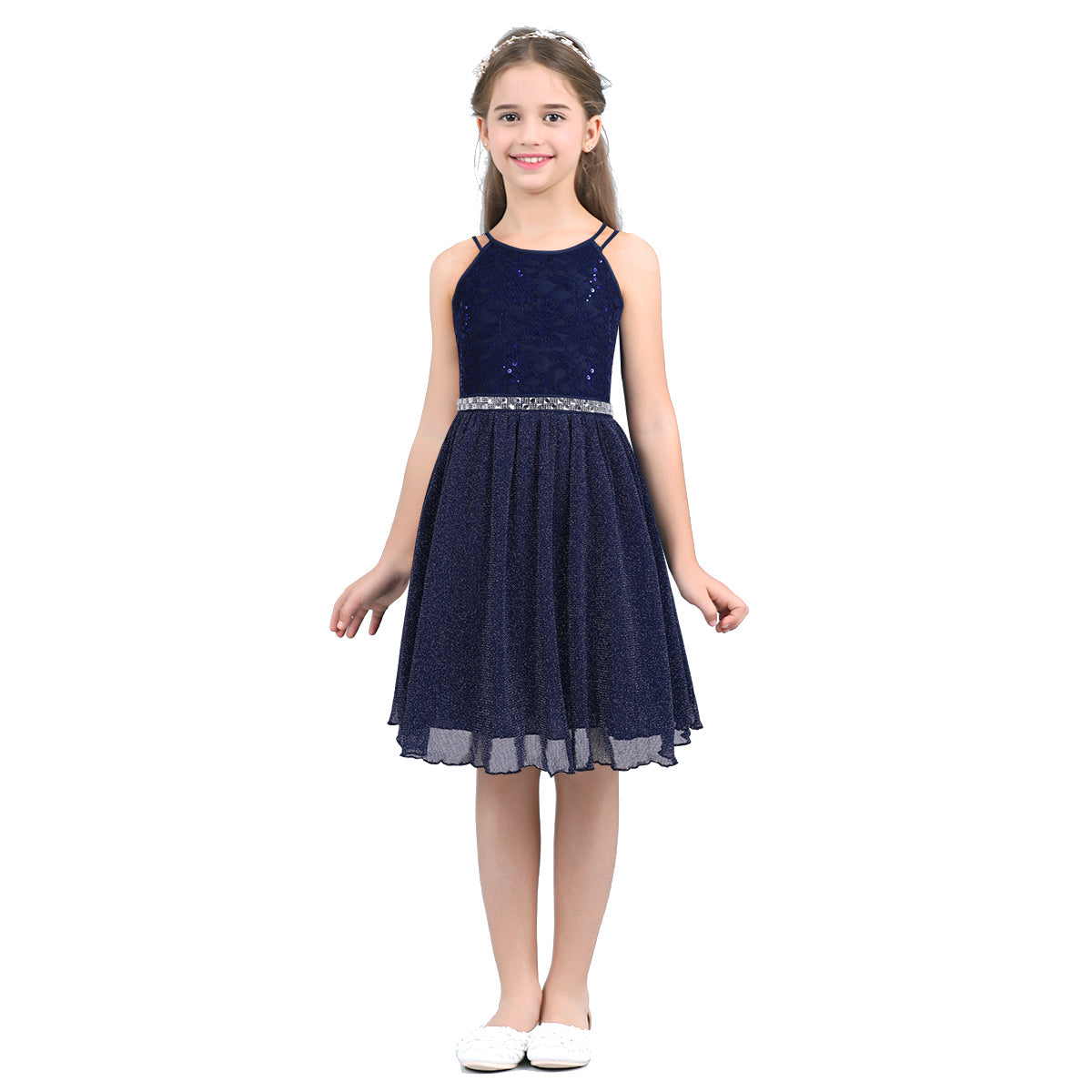 Iiniim Teen Mädchen Ärmellose Pailletten Floral Spitze Glänzenden Kleid Vestido de festa für Hochzeit Formale Geburtstag Party Sommer Kleider