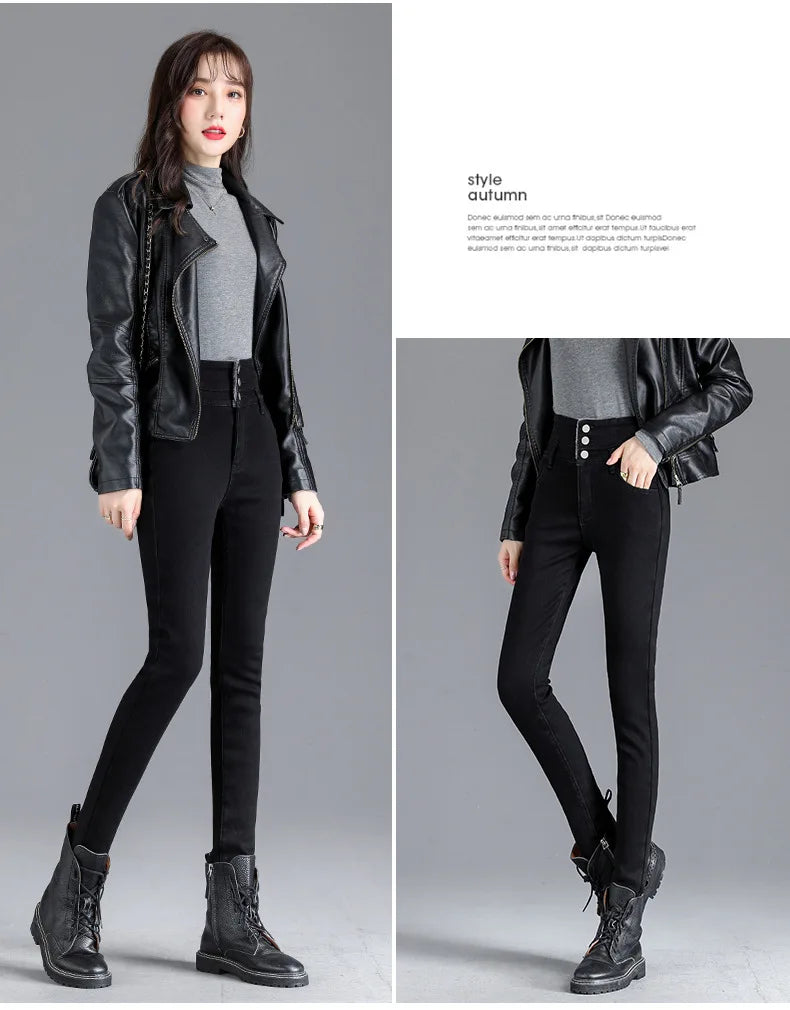 Thermische Winter Dicke Fleece High-taille Warme Dünne Jeans Dicke Frauen Stretch Taste Bleistift Hosen Mom Casual Samt Jeans
