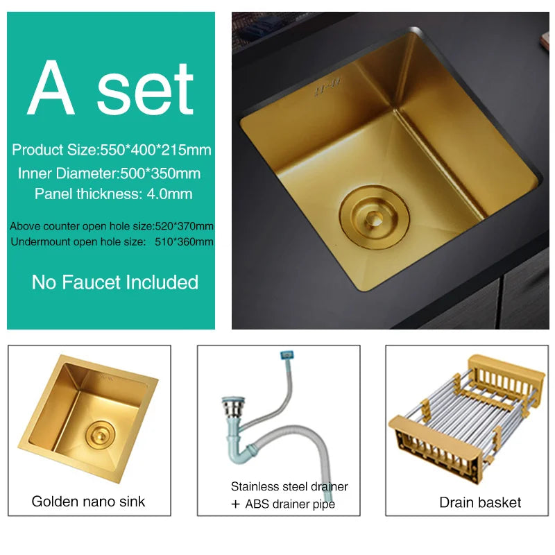 SUS 304 Stainless Steel Luxury Gold Nanometer Island Kitchen Sink Manual Single Bar Counter Mini Kitchen Sinks