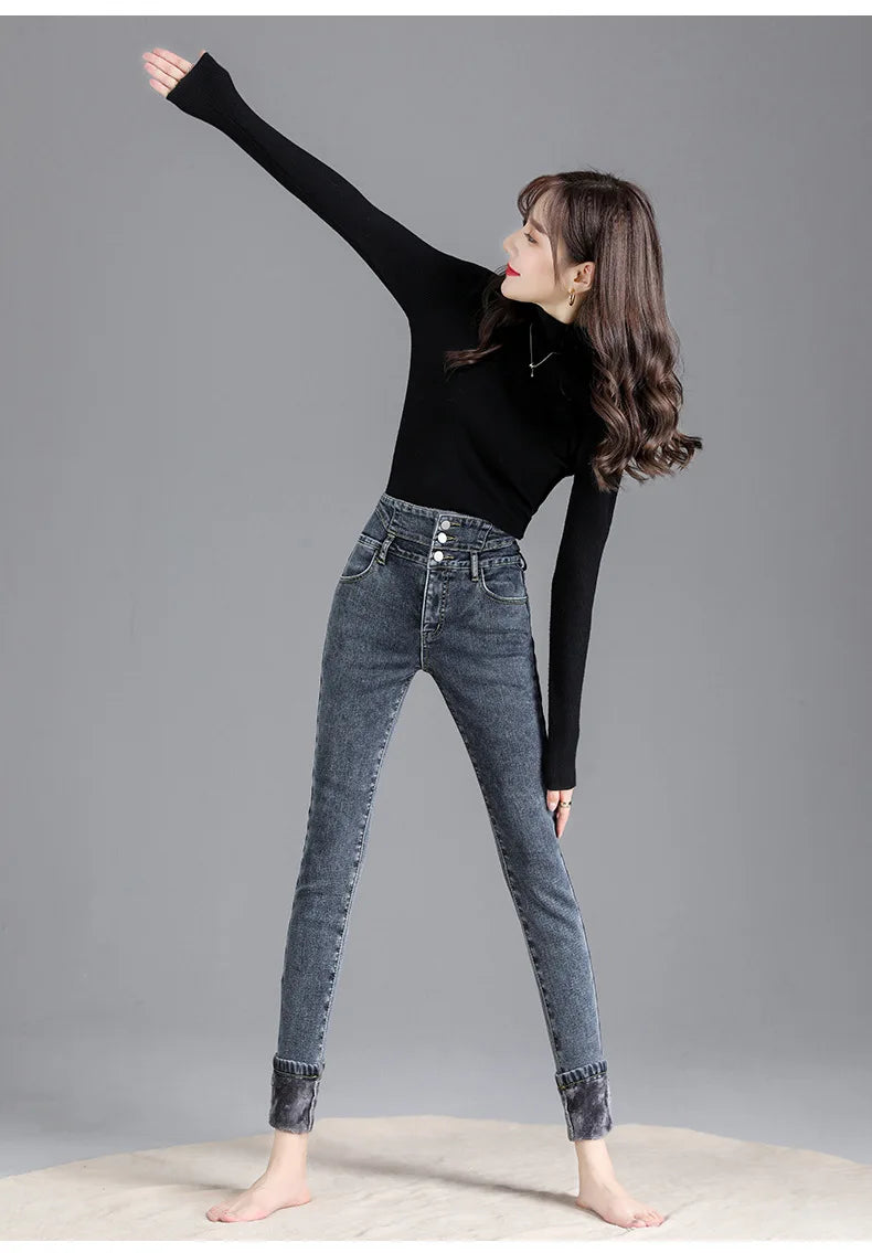 Thermische Winter Dicke Fleece High-taille Warme Dünne Jeans Dicke Frauen Stretch Taste Bleistift Hosen Mom Casual Samt Jeans
