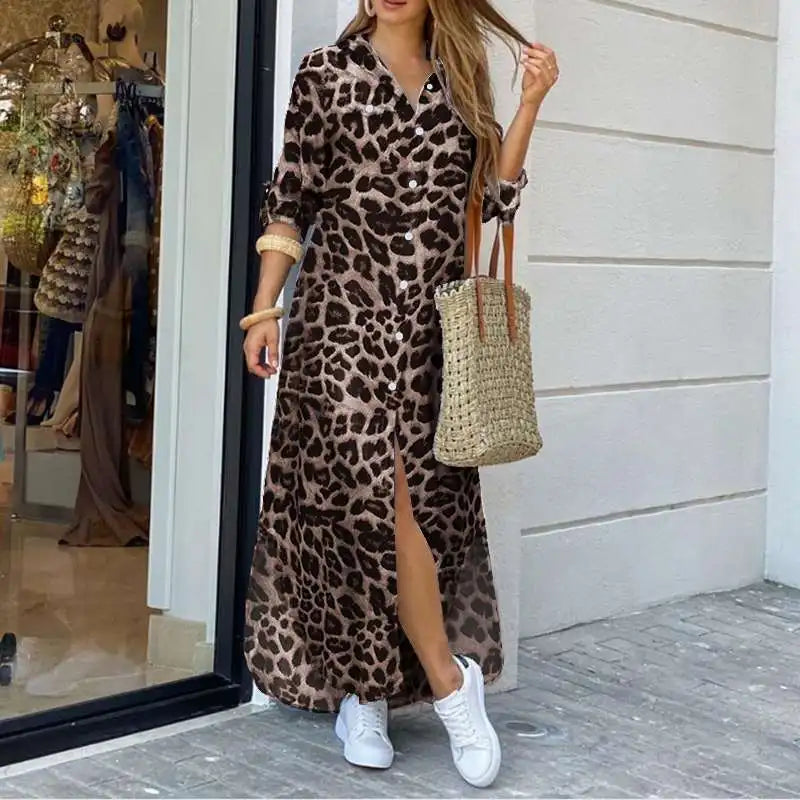 ZANZEA Party Vintage Leopard Robe Frauen 2025, Herbst Casual Langarm Maxi Lange Vestidos Kleid Mode Übergroßen Hemd Sommerkleid