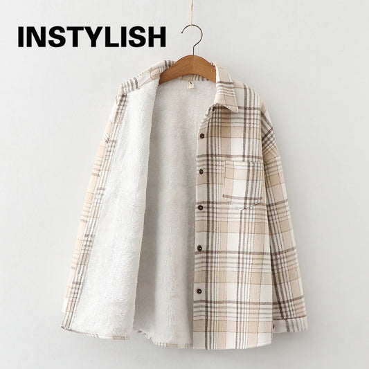 Vintage Kariertes Hemd Frauen Herbst Winter Langarm Dicke Samt Blusen und Tops Elegante Harajuku Bluse Jacke Korean Outwear.