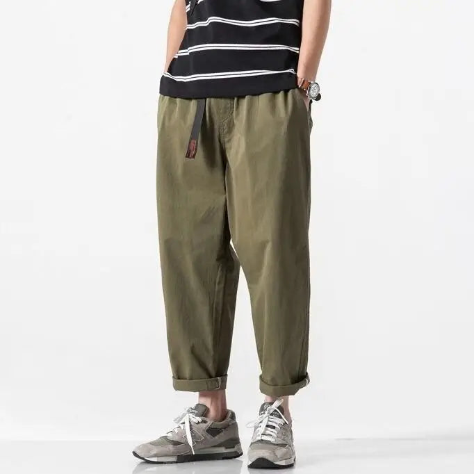 100% Cotton Casual Summer Pants With Belt Men Straight Baggy Ankle-Length Cargo Trousers Wide Leg Sweatpants Male Streetwear.