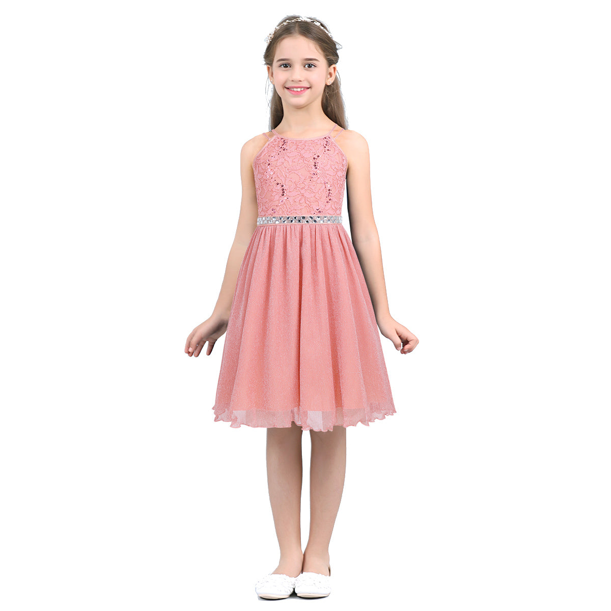 Iiniim Teen Mädchen Ärmellose Pailletten Floral Spitze Glänzenden Kleid Vestido de festa für Hochzeit Formale Geburtstag Party Sommer Kleider