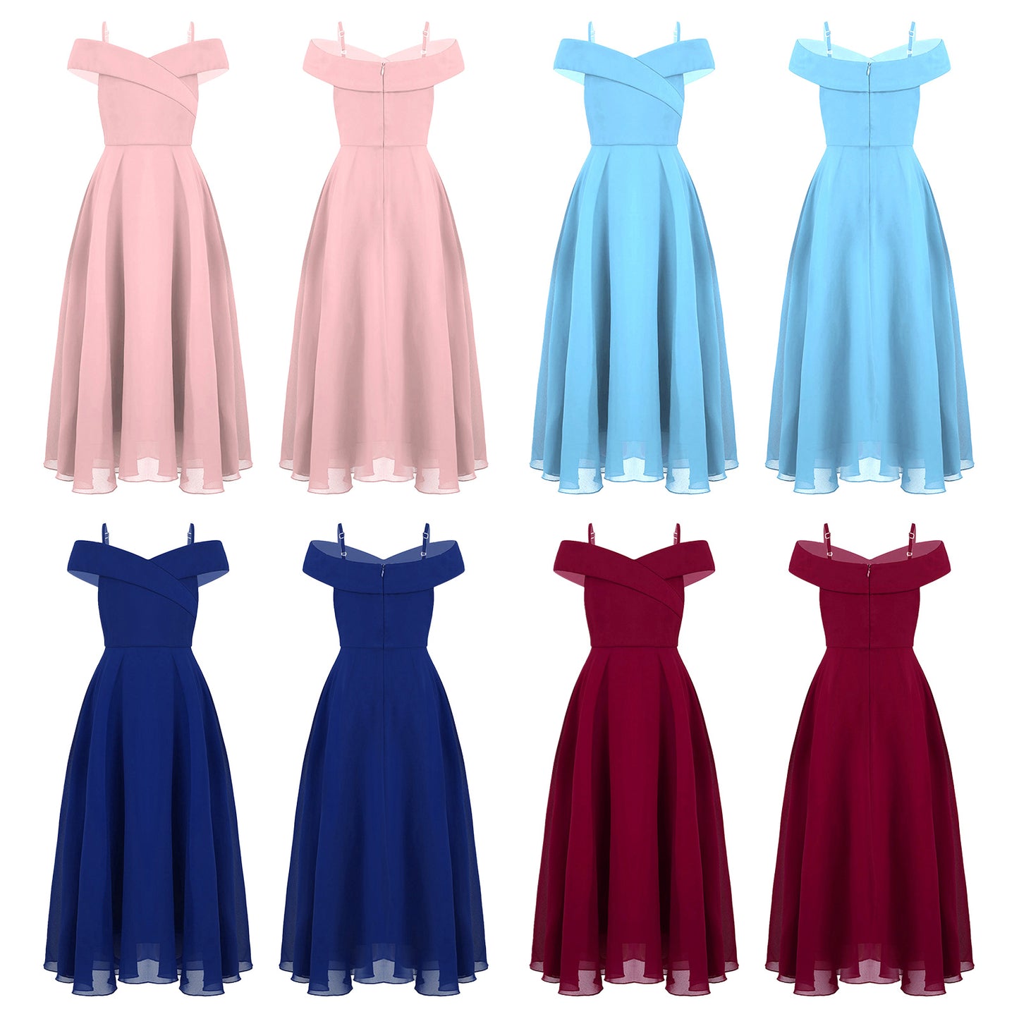 Elegantes Chiffon-Partykleid für Mädchen, schulterfrei, verstellbarer Spaghettiträger, bodenlanges Maxikleid für Hochzeit, Geburtstag, Abend