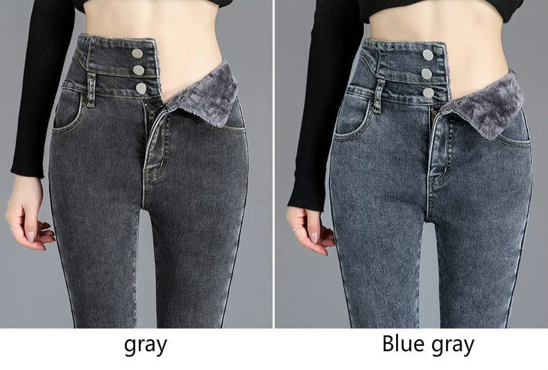 Thermische Winter Dicke Fleece High-taille Warme Dünne Jeans Dicke Frauen Stretch Taste Bleistift Hosen Mom Casual Samt Jeans