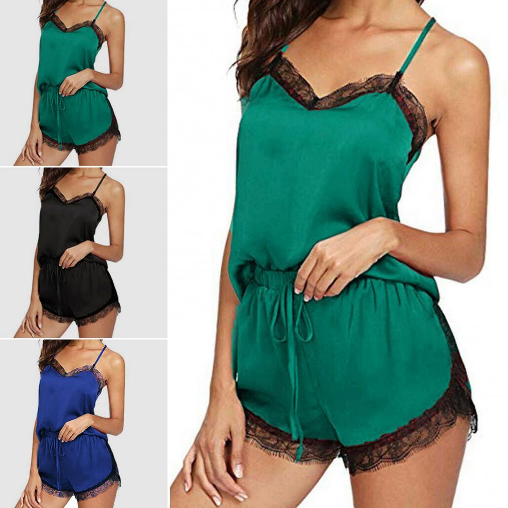 Heißer verkauf damen sommer sexy seide spitze einfarbig pyjamas leibchen top shorts haut-freundliche hause unterwäsche pyjamas set einzelhandel