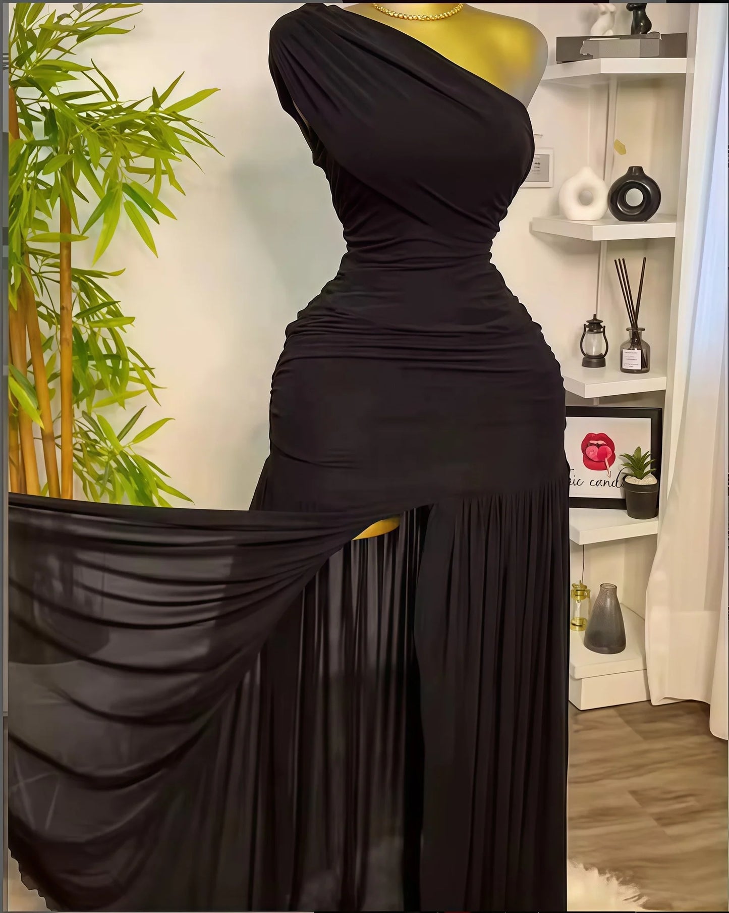 Women's 2025 Spring New Solid Color Sleeveless Slant Neck Pleated Slim Split Long Dresses