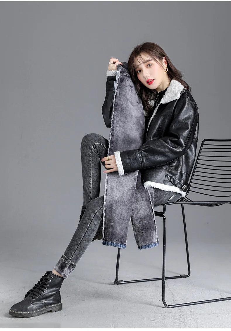 Thermische Winter Dicke Fleece High-taille Warme Dünne Jeans Dicke Frauen Stretch Taste Bleistift Hosen Mom Casual Samt Jeans