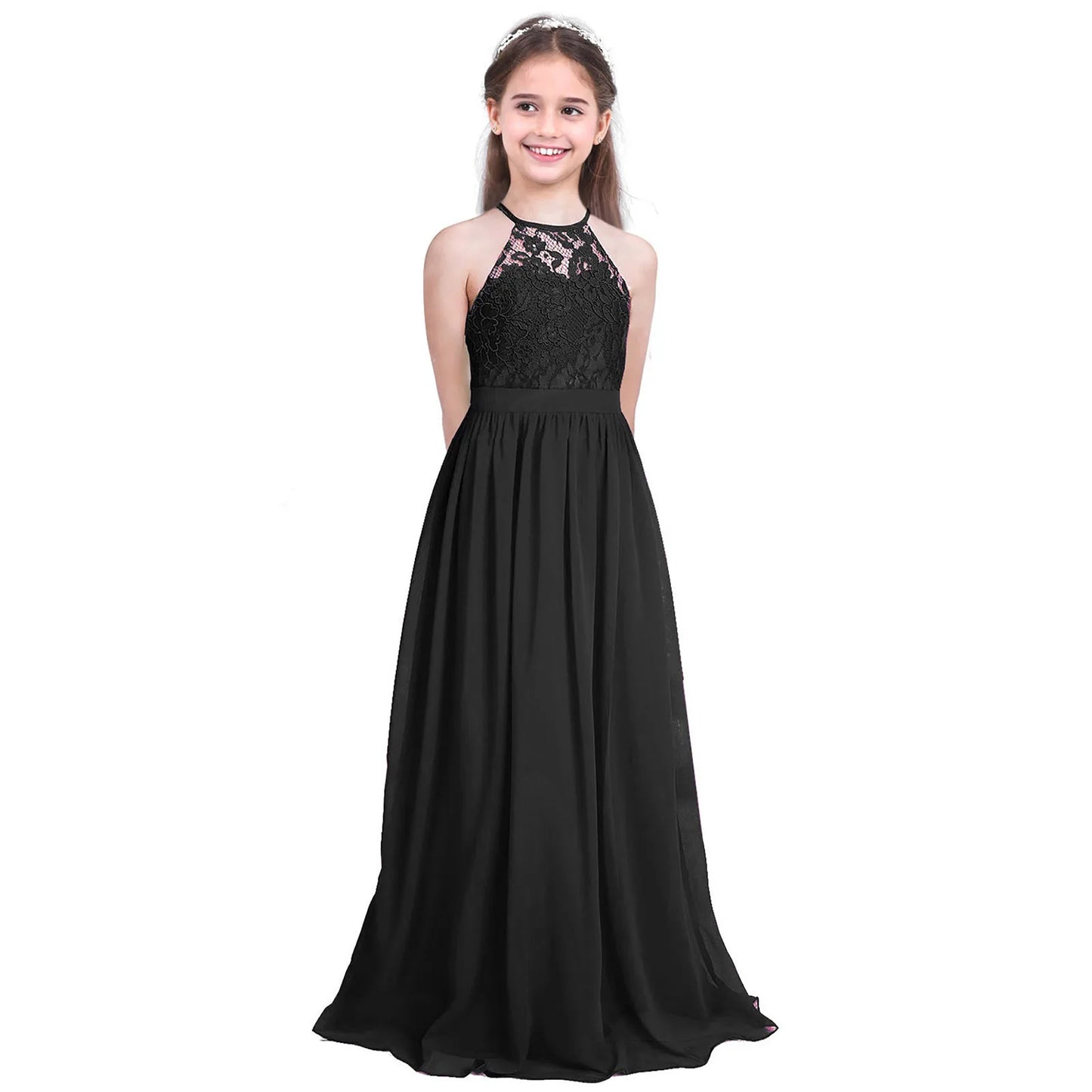 Sommer Mode Blume Mädchen Kleid Hochzeit Geburtstag Party Kinder Lange Kleid Vestido Elegante Halter Neck Floral Spitze Prinzessin Kleid