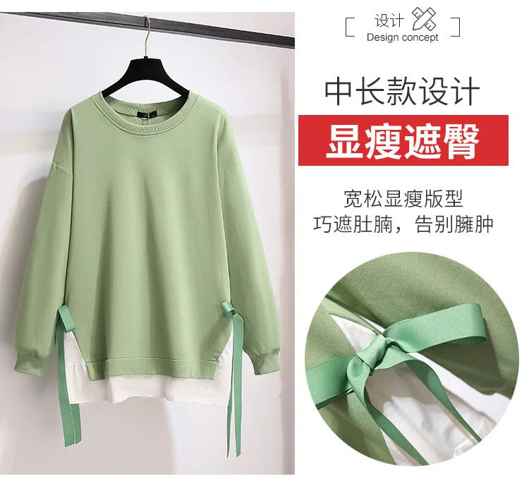 150Kg Plus Größe frauen Herbst Lose Oansatz Sweatshirts Fehlschlag 157cm 6XL 7XL 8XL 9XL 10XL Beiläufige Lange-ärmeln Gefälschte Zwei-stück Top