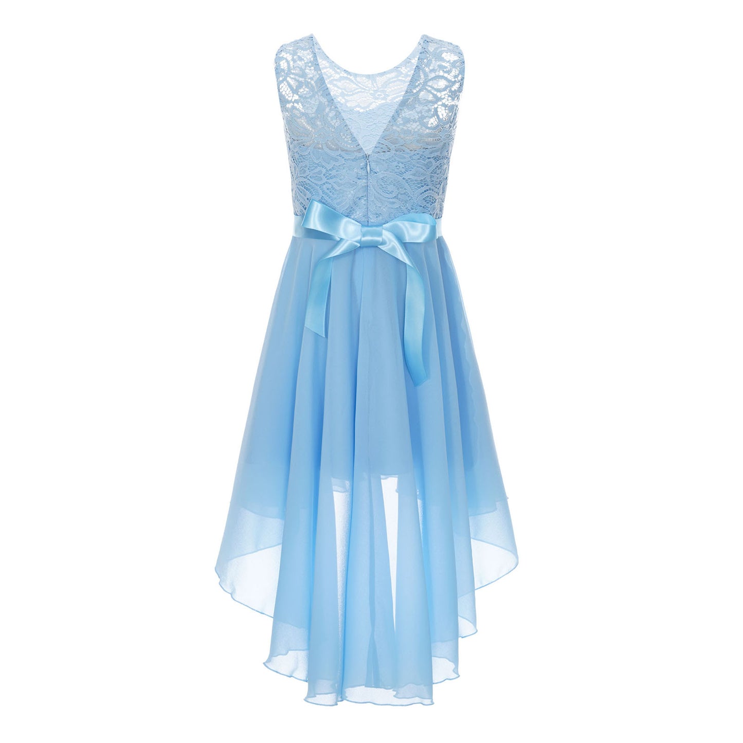 Blumenmädchen-Chiffonkleid mit floraler Spitze, Sommer, ärmellos, hoher, niedriger Saum, formelles Hochzeitskleid für Brautjungfer, Junior, Prinzessin