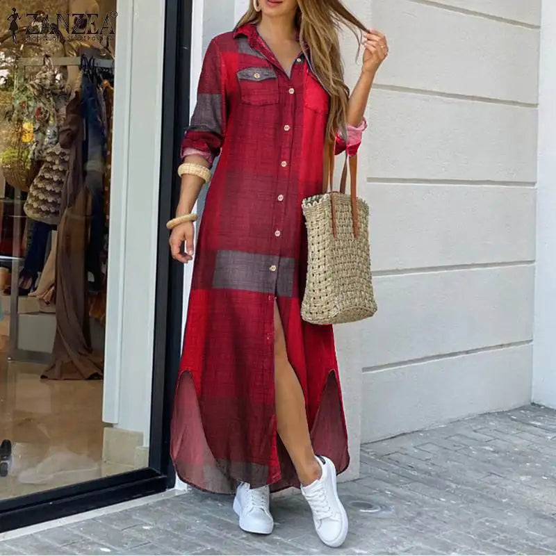 ZANZEA Party Vintage Leopard Robe Frauen 2025, Herbst Casual Langarm Maxi Lange Vestidos Kleid Mode Übergroßen Hemd Sommerkleid