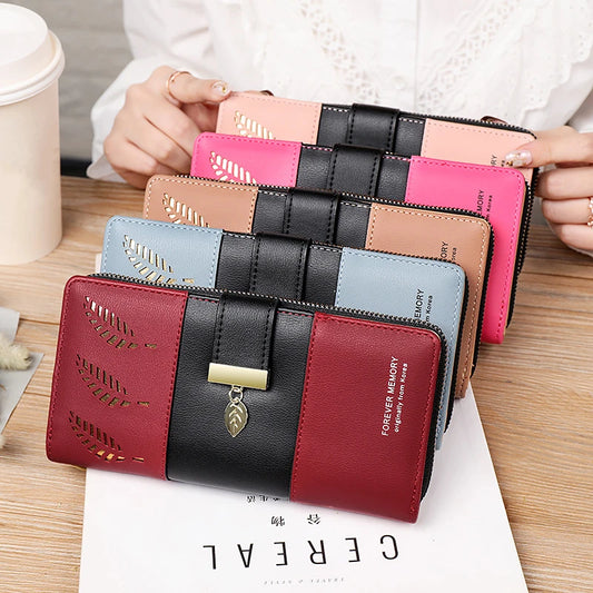 Hollow Leaves PU Leather Women's Long Wallet Fashion Female Coin Purses Hasp Zipper Clutch ID Credit Card Holders Money Bag Clip.
