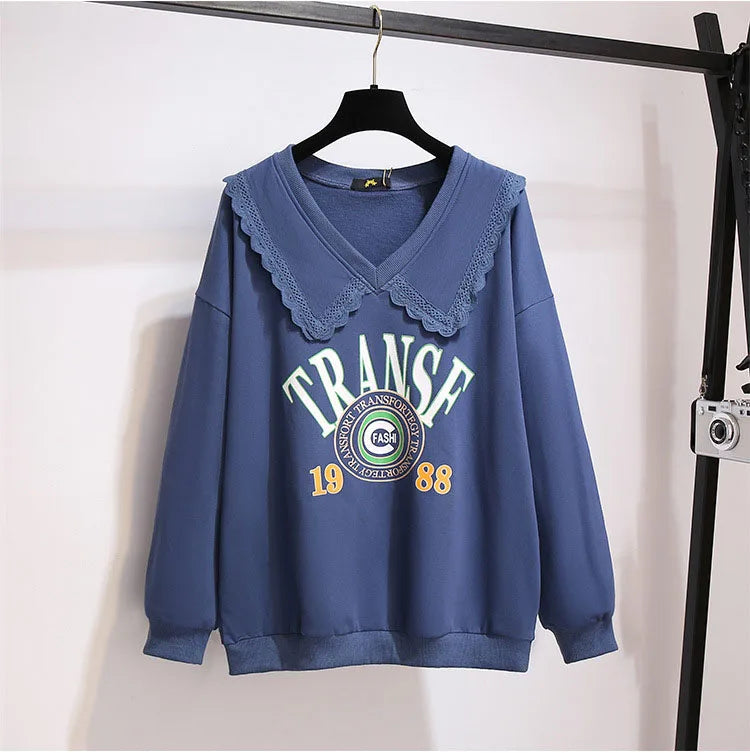 150Kg Plus Größe frauen Herbst Faul Stil Puppe Kragen Sweatshirts Fehlschlag 157cm 6XL 7XL 8XL 9XL 10XL lose Dünnen Langen Ärmeln Top