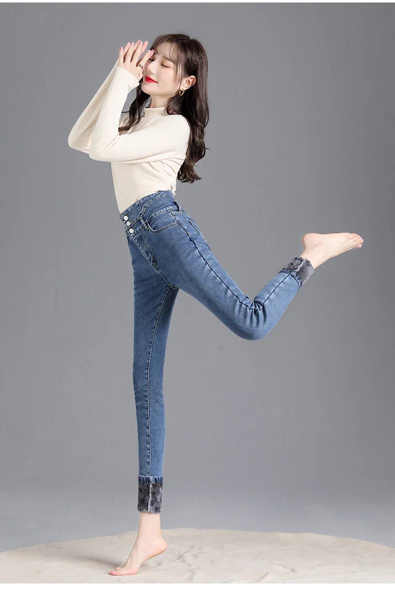 Thermische Winter Dicke Fleece High-taille Warme Dünne Jeans Dicke Frauen Stretch Taste Bleistift Hosen Mom Casual Samt Jeans