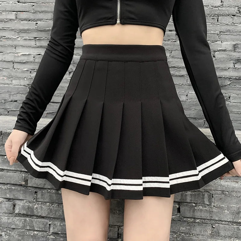 Vintage Korean Style Patchwork Skirt Harajuku JK Black Pleated Skirts Gothic Streetwear High Waist Mini Skirt Women Punk Skirt.