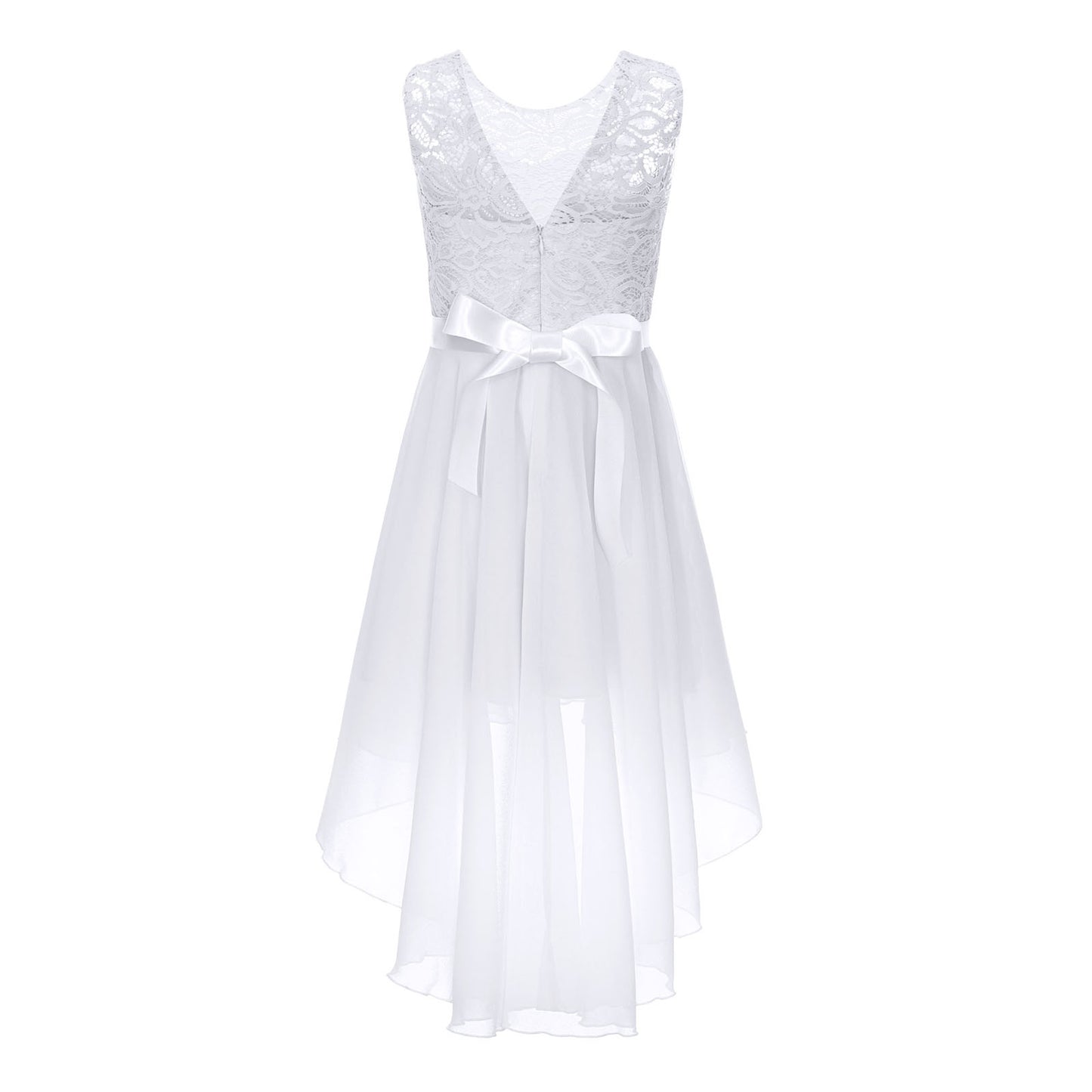 Blumenmädchen-Chiffonkleid mit floraler Spitze, Sommer, ärmellos, hoher, niedriger Saum, formelles Hochzeitskleid für Brautjungfer, Junior, Prinzessin