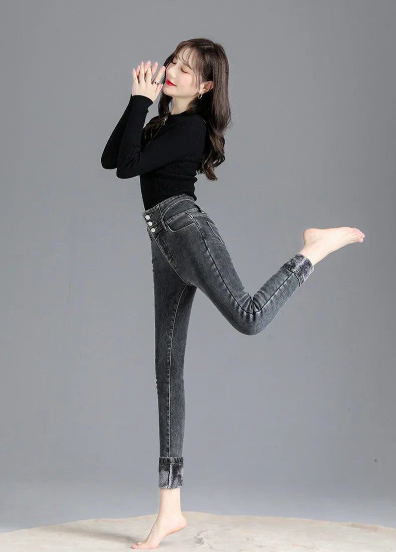 Thermische Winter Dicke Fleece High-taille Warme Dünne Jeans Dicke Frauen Stretch Taste Bleistift Hosen Mom Casual Samt Jeans