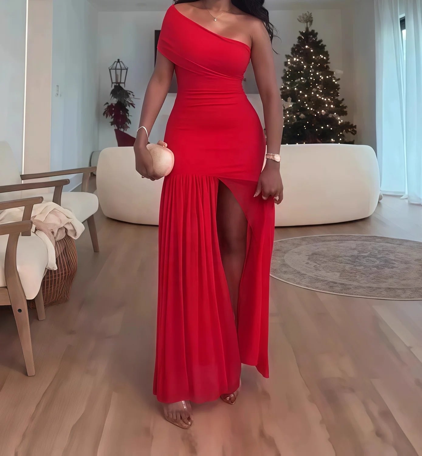 Women's 2025 Spring New Solid Color Sleeveless Slant Neck Pleated Slim Split Long Dresses