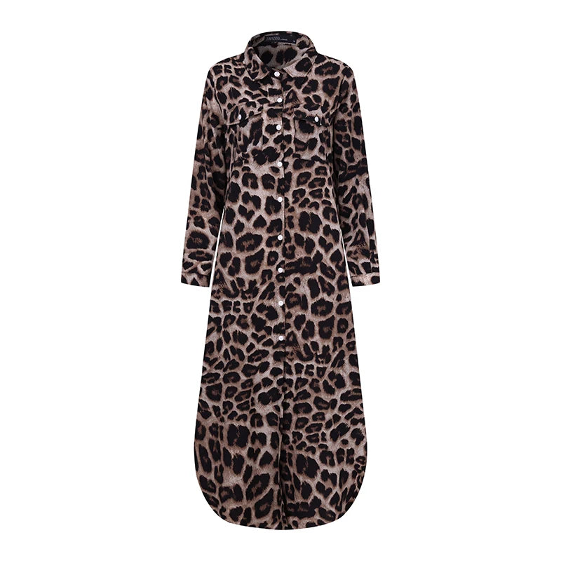 ZANZEA Party Vintage Leopard Robe Frauen 2025, Herbst Casual Langarm Maxi Lange Vestidos Kleid Mode Übergroßen Hemd Sommerkleid