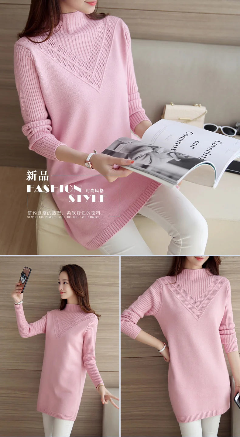 Frühling Herbst Winter Neue Rollkragenpullover Frauen Koreanische Lose Medium Lange Dicke Stricken Top Pullover Bodenbildung Pullover Ziehen