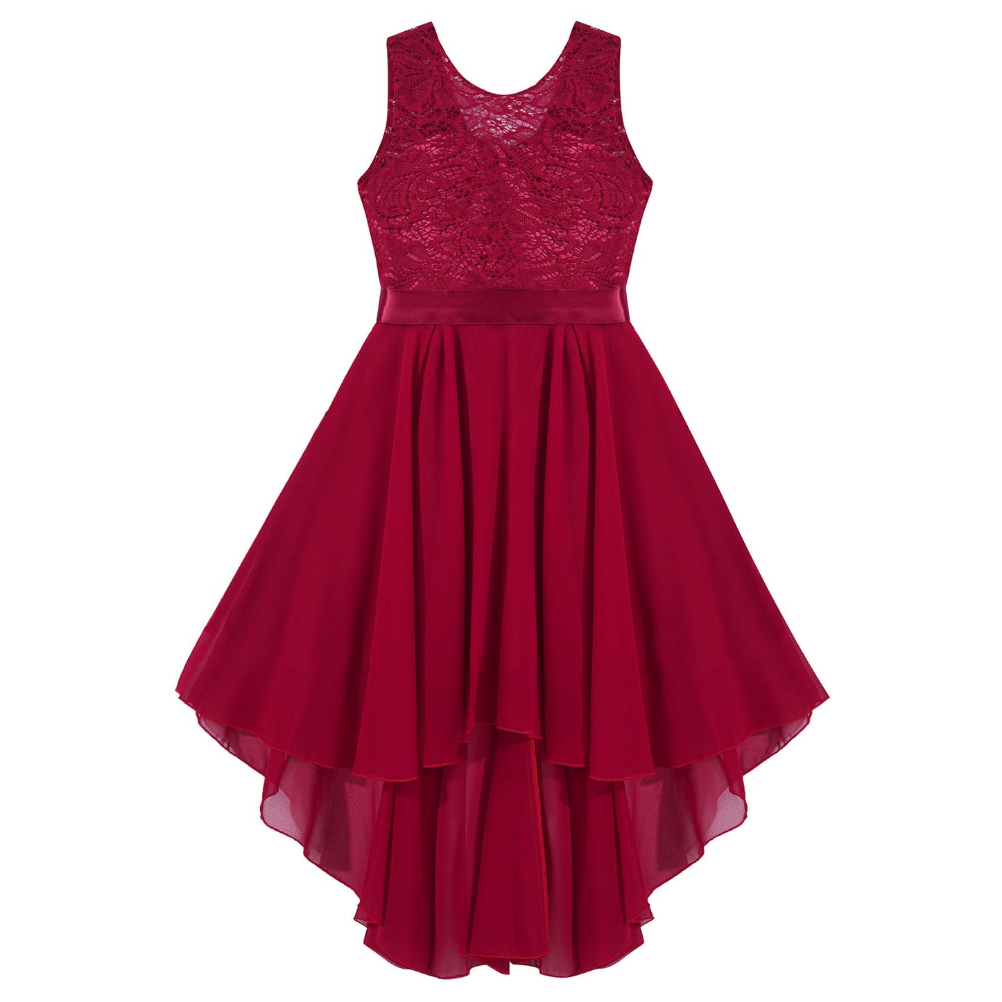 Blumenmädchen-Chiffonkleid mit floraler Spitze, Sommer, ärmellos, hoher, niedriger Saum, formelles Hochzeitskleid für Brautjungfer, Junior, Prinzessin