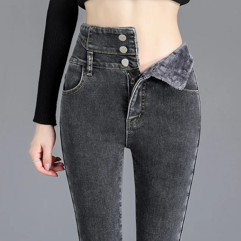 Thermische Winter Dicke Fleece High-taille Warme Dünne Jeans Dicke Frauen Stretch Taste Bleistift Hosen Mom Casual Samt Jeans