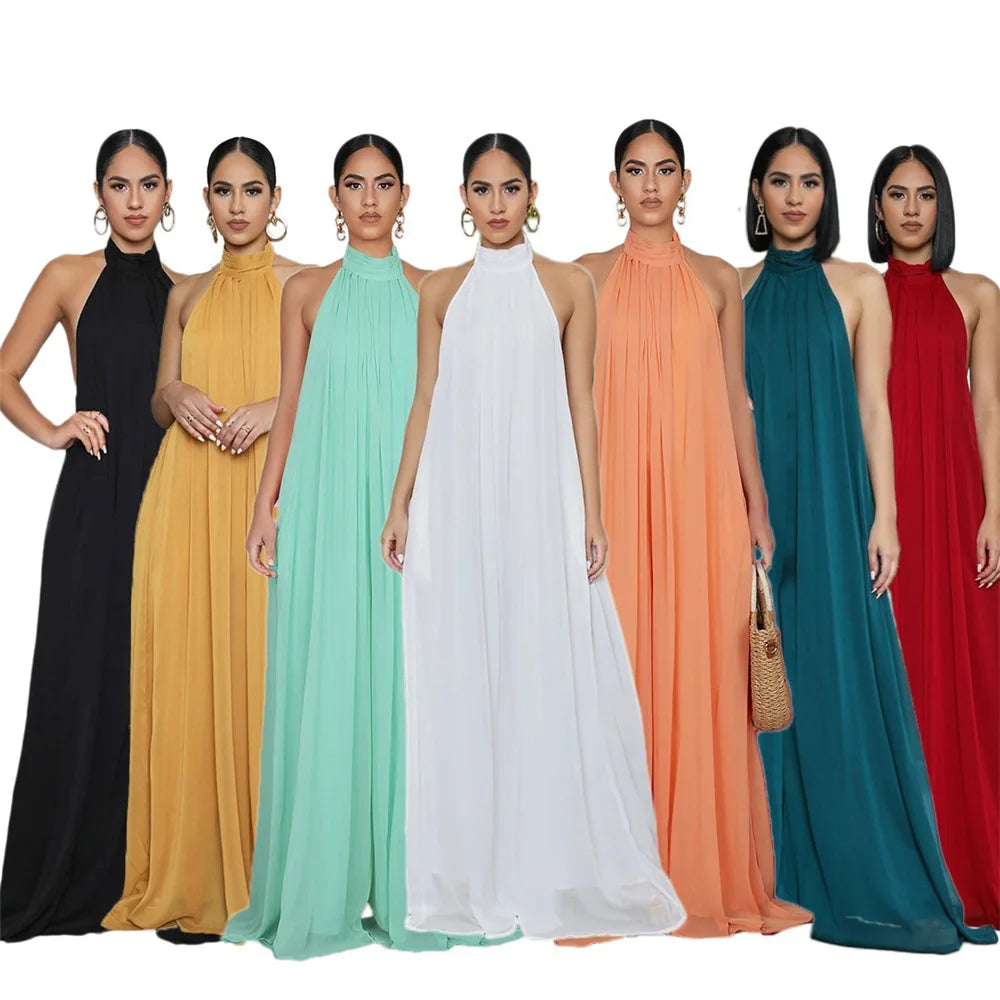 Women Fashion New Loose Sleeveless Solid Color Halter Sexy Backless Wide Leg Long Pants Lady Siamese Trousers Casual Jumpsuit