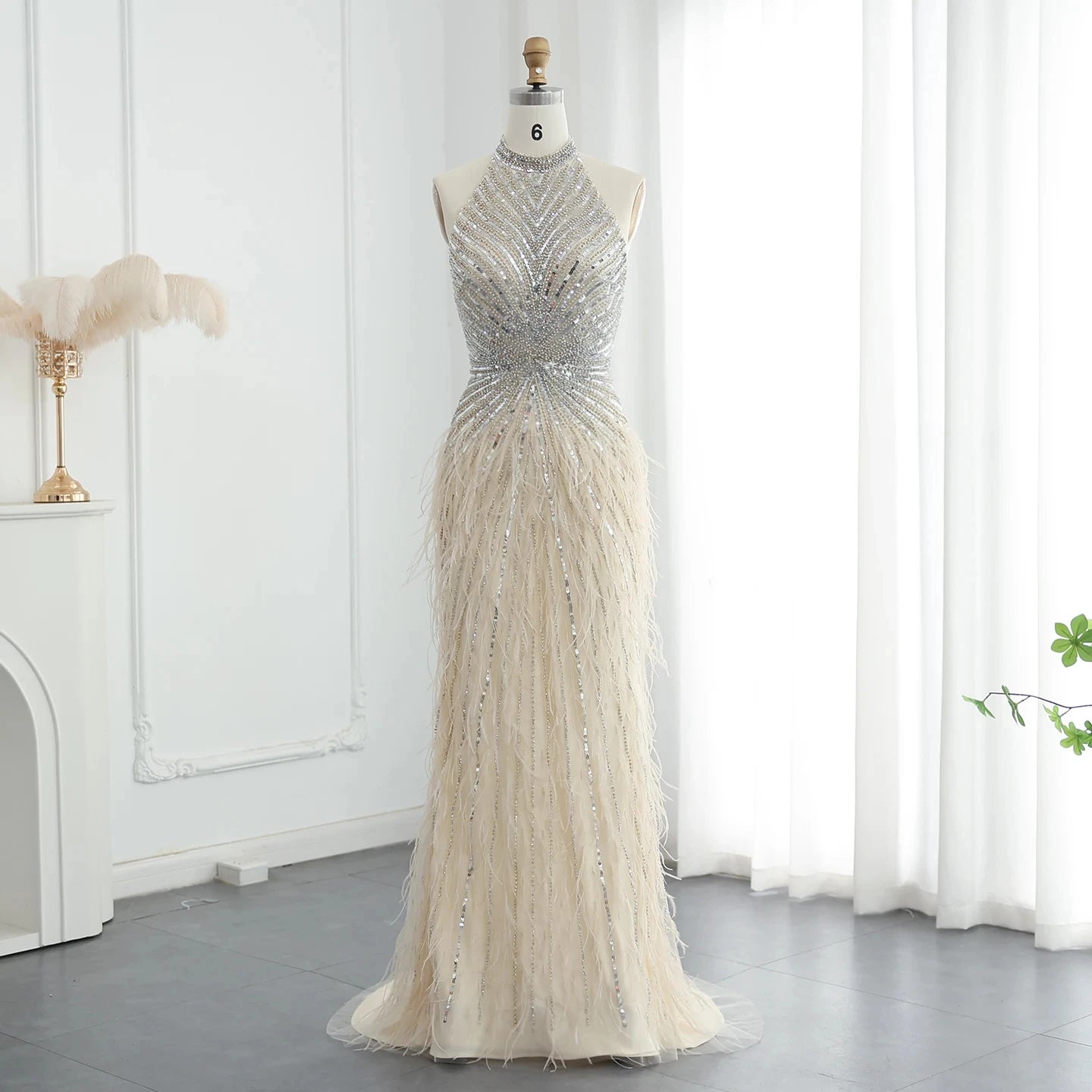 Luxury Beaded Feathers Mermaid Silver Gray Evening Dress Halter Backless Blue Beige Arabic Formal Party Gown SZ006