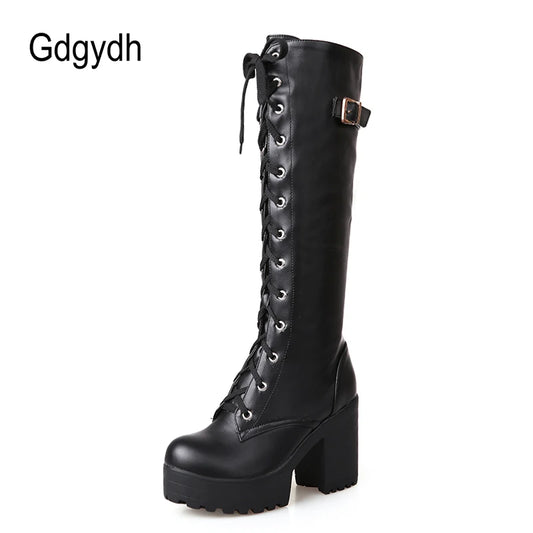 Gdgydh Hot Sale Spring Autumn Lacing Knee High Boots Women Fashion White Square Heel Woman Leather Shoes Winter PU Large Size 43.