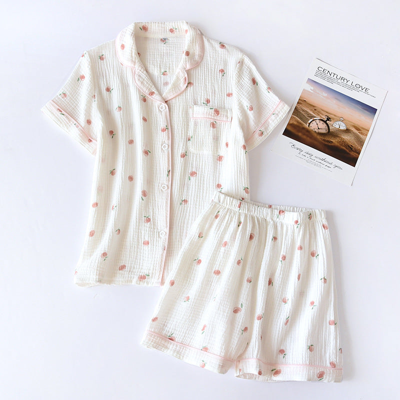 2025 sommer Damen Kurzarm Shorts Pyjamas Set 100 % Baumwolle Krepp Tuch Dünne Hause Service Zwei-stück Frühling und Herbst Lose