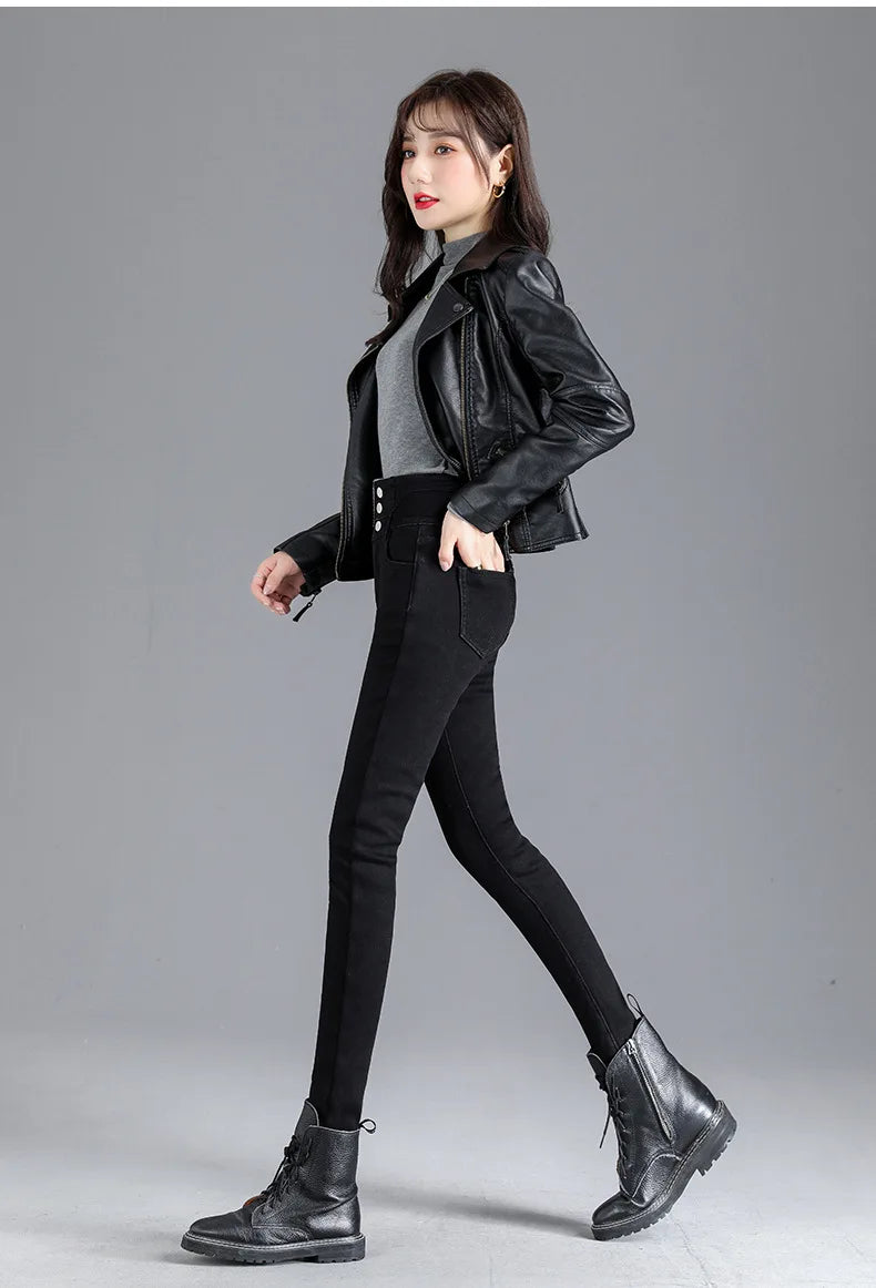 Thermische Winter Dicke Fleece High-taille Warme Dünne Jeans Dicke Frauen Stretch Taste Bleistift Hosen Mom Casual Samt Jeans