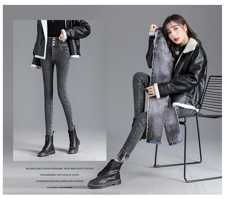Thermische Winter Dicke Fleece High-taille Warme Dünne Jeans Dicke Frauen Stretch Taste Bleistift Hosen Mom Casual Samt Jeans