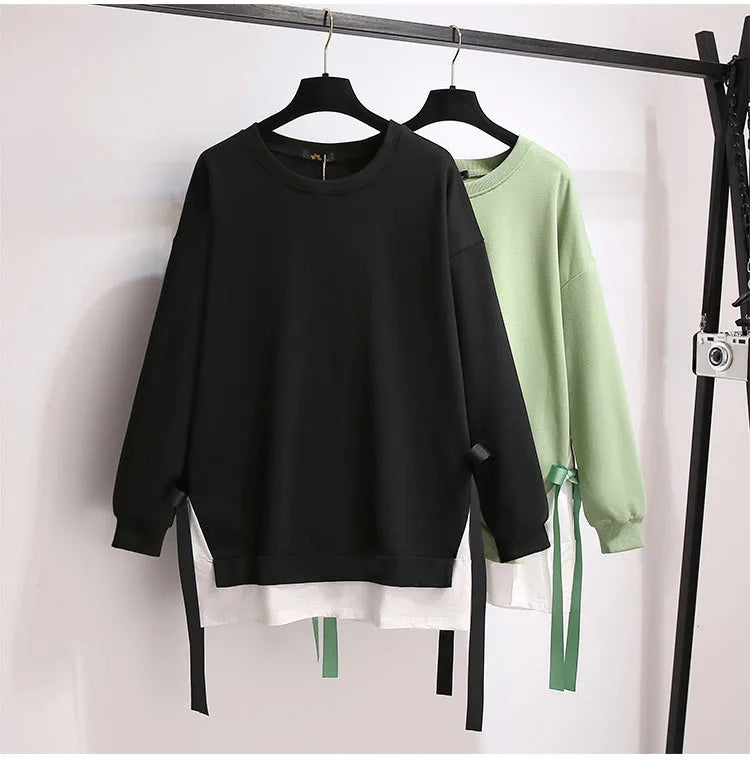 150Kg Plus Größe frauen Herbst Lose Oansatz Sweatshirts Fehlschlag 157cm 6XL 7XL 8XL 9XL 10XL Beiläufige Lange-ärmeln Gefälschte Zwei-stück Top