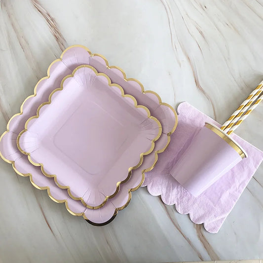 Gold Disposable Tableware Sets Purple Party Paper Cup Plates baby Shower Birthday Party Supplies Carnival Wedding decor Favors.