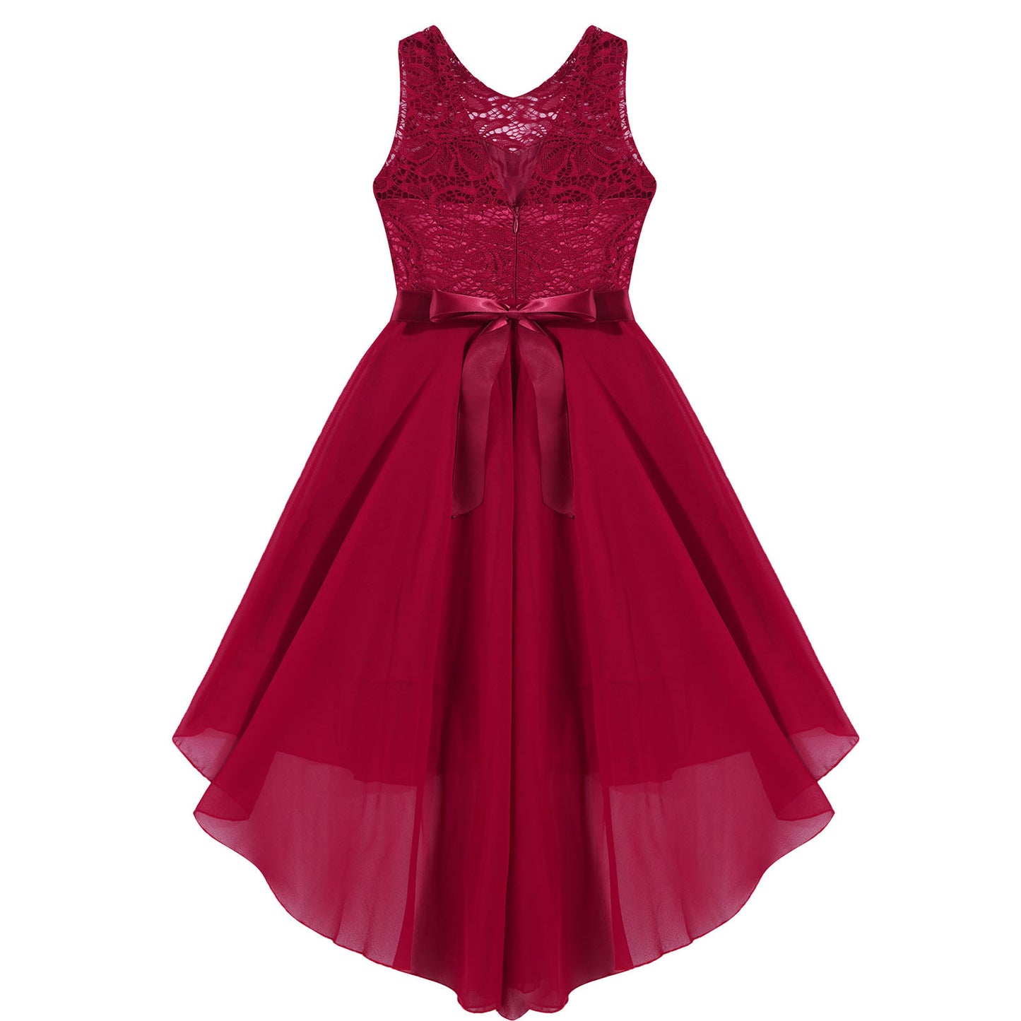 Blumenmädchen-Chiffonkleid mit floraler Spitze, Sommer, ärmellos, hoher, niedriger Saum, formelles Hochzeitskleid für Brautjungfer, Junior, Prinzessin