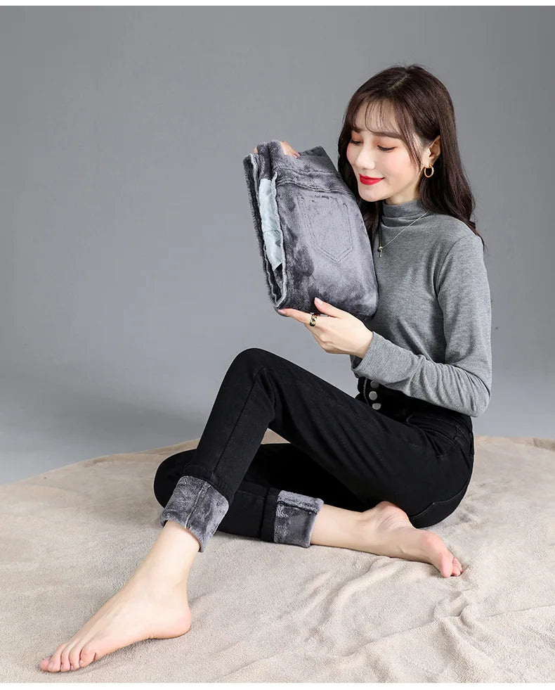 Thermische Winter Dicke Fleece High-taille Warme Dünne Jeans Dicke Frauen Stretch Taste Bleistift Hosen Mom Casual Samt Jeans
