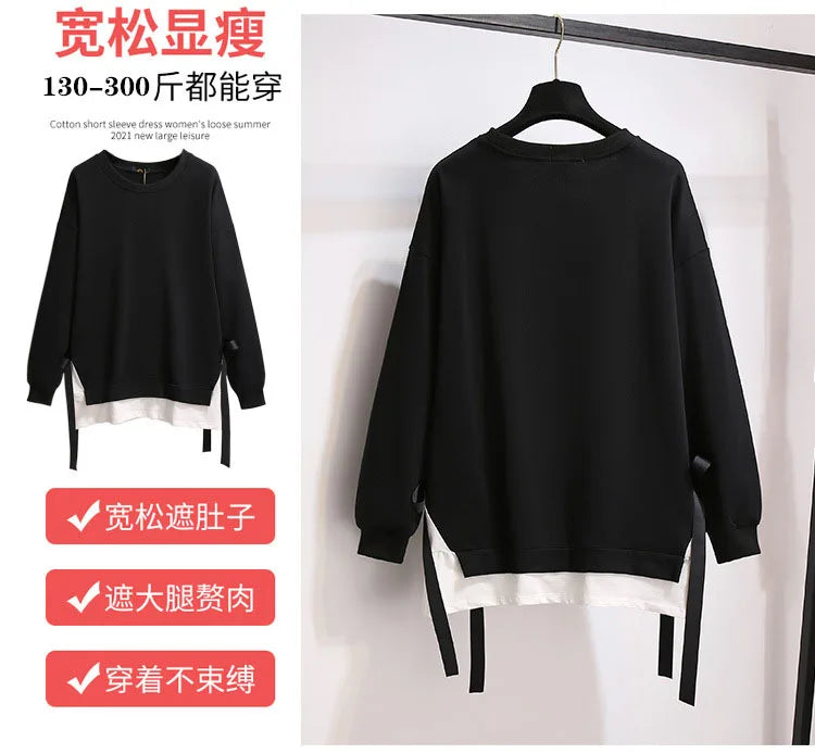 150Kg Plus Größe frauen Herbst Lose Oansatz Sweatshirts Fehlschlag 157cm 6XL 7XL 8XL 9XL 10XL Beiläufige Lange-ärmeln Gefälschte Zwei-stück Top