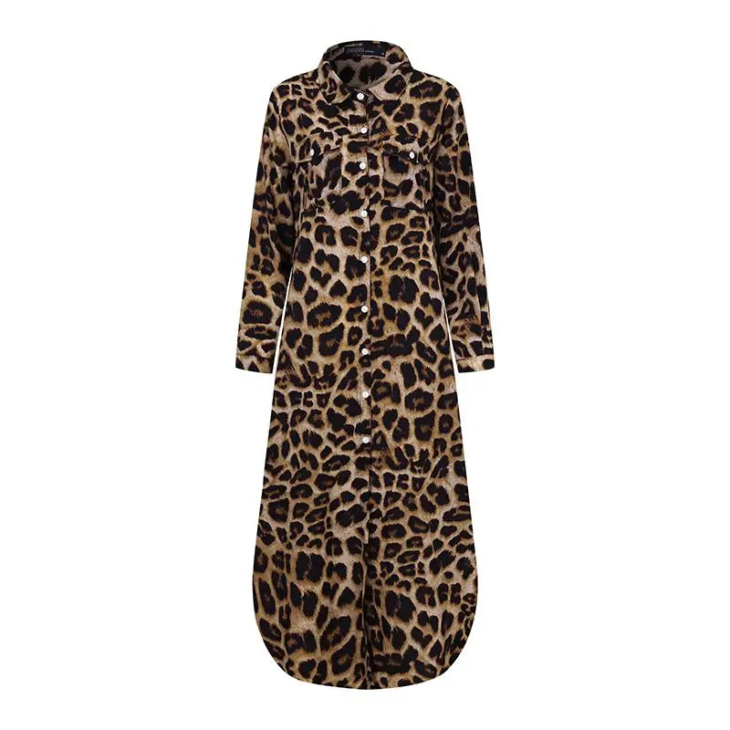 ZANZEA Party Vintage Leopard Robe Frauen 2025, Herbst Casual Langarm Maxi Lange Vestidos Kleid Mode Übergroßen Hemd Sommerkleid