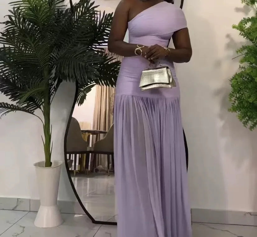 Women's 2025 Spring New Solid Color Sleeveless Slant Neck Pleated Slim Split Long Dresses