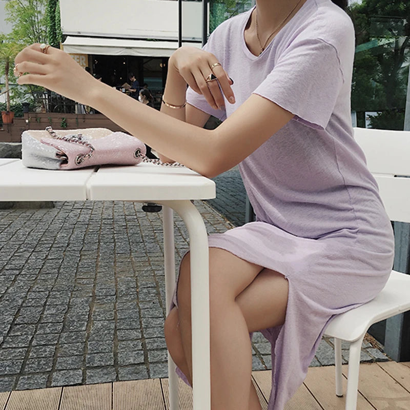 Casual 94 % Baumwolle Sommer frauen Kleider Solide Kurzarm Verschüttet Lange Midi Kleid Mode Sommerkleid Weibliche Kleidung, M30465